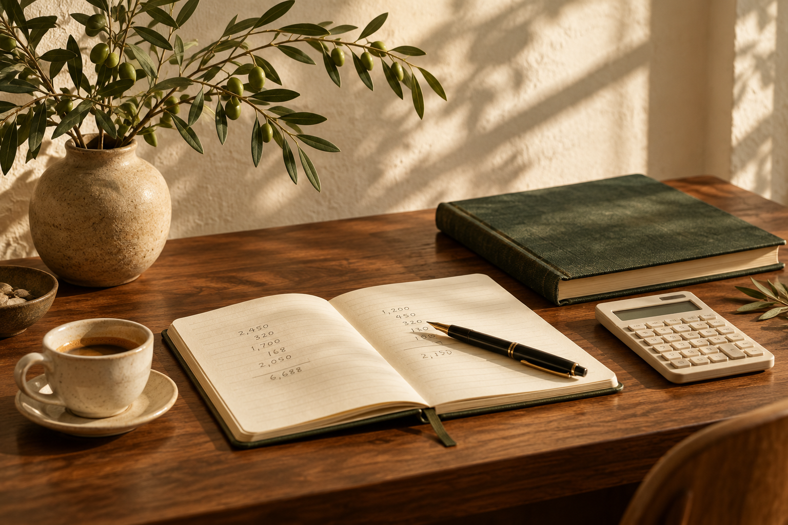 A sunlit desk with a notebook, calculator, coffee, and a green ledger
